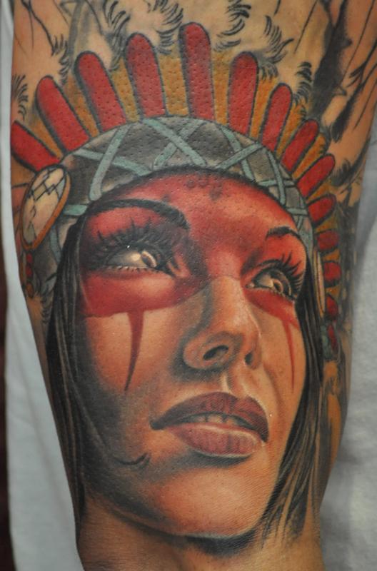 Native American girl tattoo in color by Roly Viruez: TattooNOW
